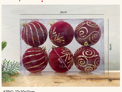 Hộp 06 Trái châu Noel phun nhung Đỏ kim tuyến Vàng ĐK 8cm [Nhiều kiểu - Sang Xịn] TRAICHAU-43